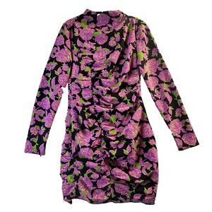 Zara Size M Pink Floral Ruched Bodycon Long Sleeve Mini Dress